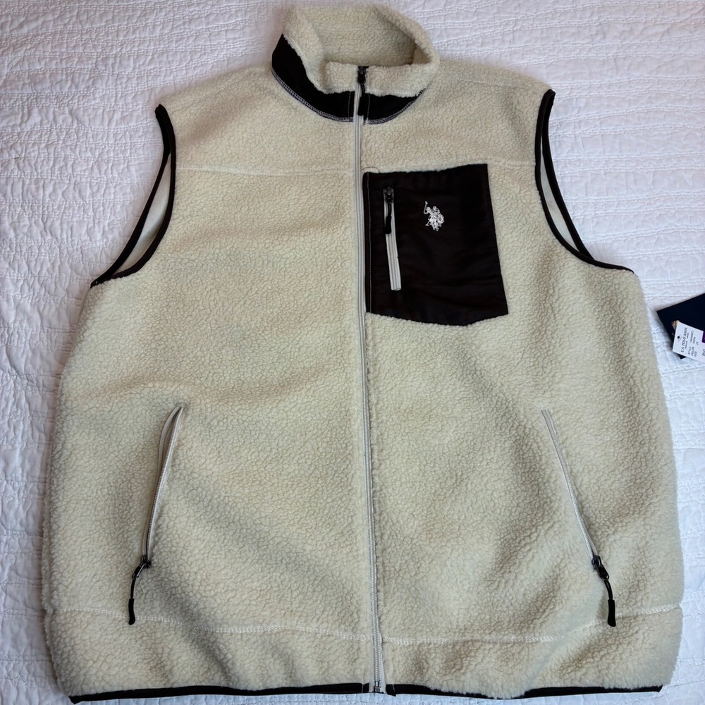 US Polo Assn Mens Sherpa Fleece Vest Cream Brown Full Zip 2XB lightweight NWT